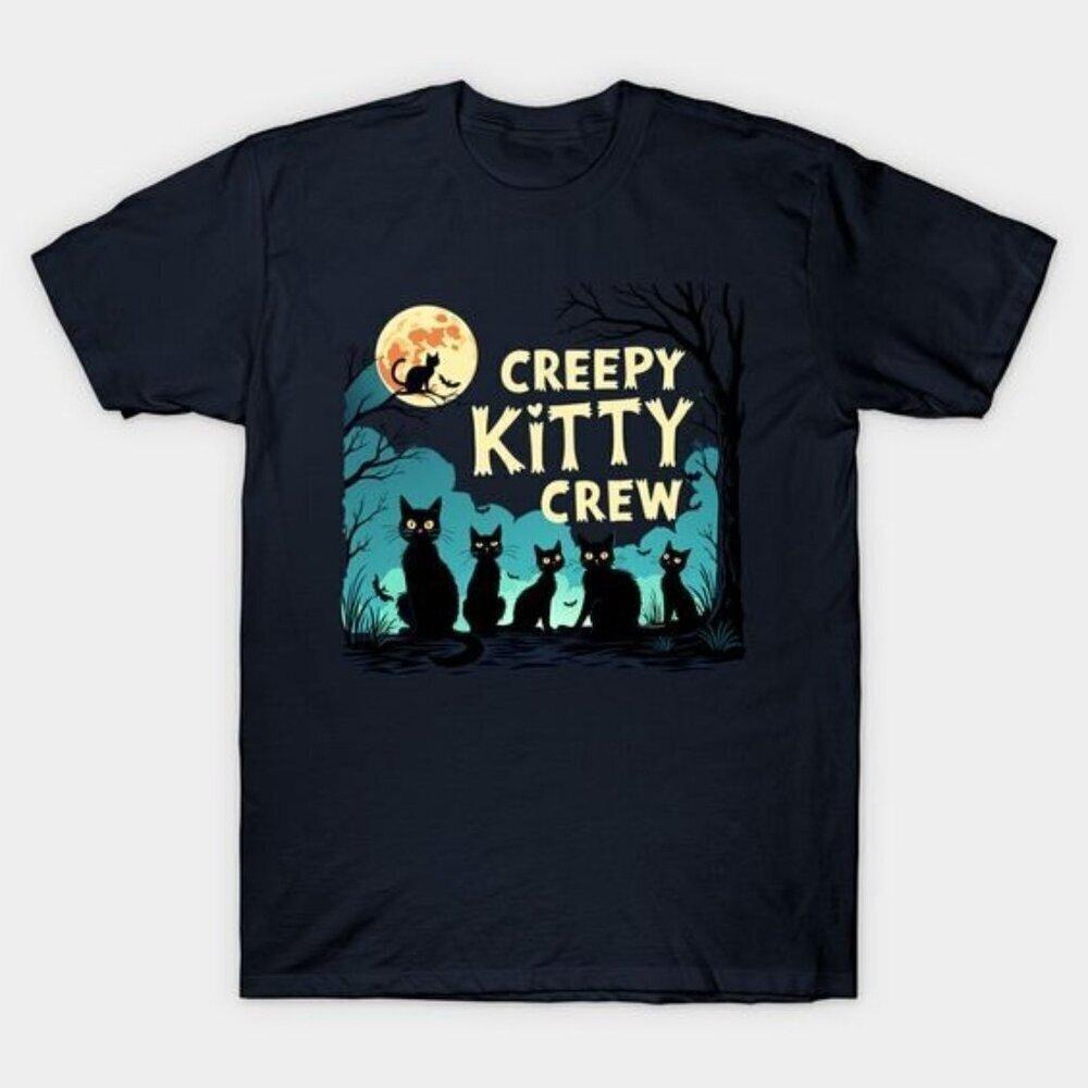 Creepy Kitty Crew 90s Style Funny Halloween Graphic Unisex T Shirt